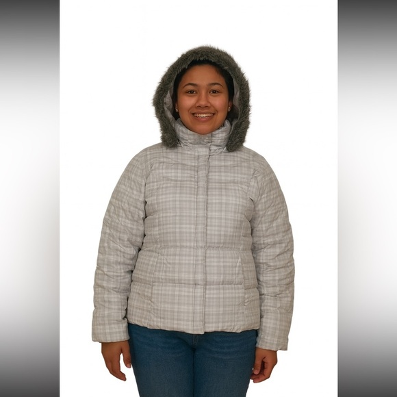 Columbia Jackets & Blazers - Columbia Omni Shield Jacket Size 1X Beige Plaid Hooded Down Puffer Pockets